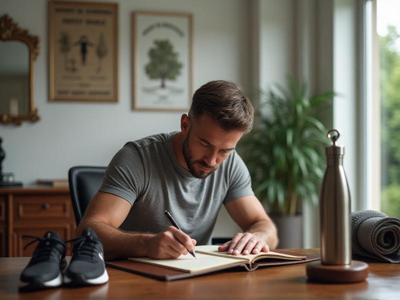 A person writing fitness goals in a notebook, surrounded by motivational items like a water bottle, sneakers, and a yoga mat, symbolizing planning and determination.