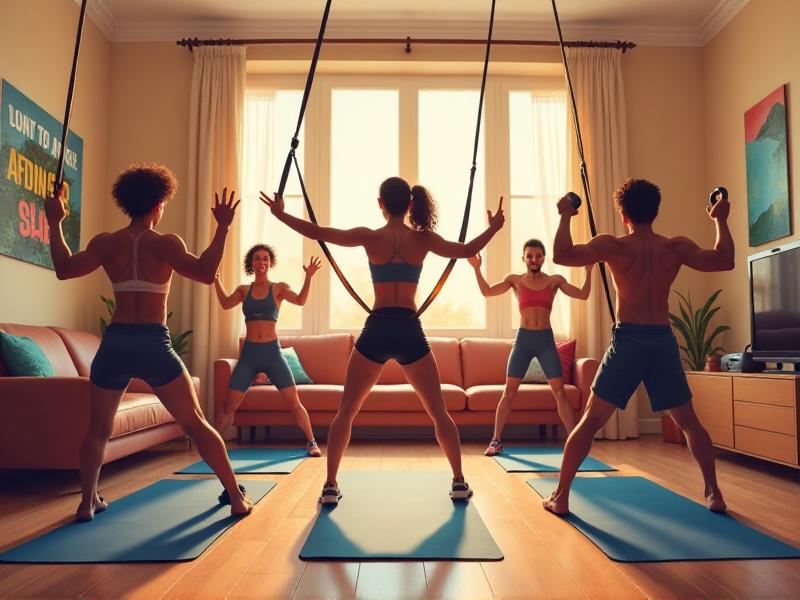 A diverse group of people exercising at home using resistance bands, yoga mats, and kettlebells, showcasing motivation and energy in a cozy home environment.