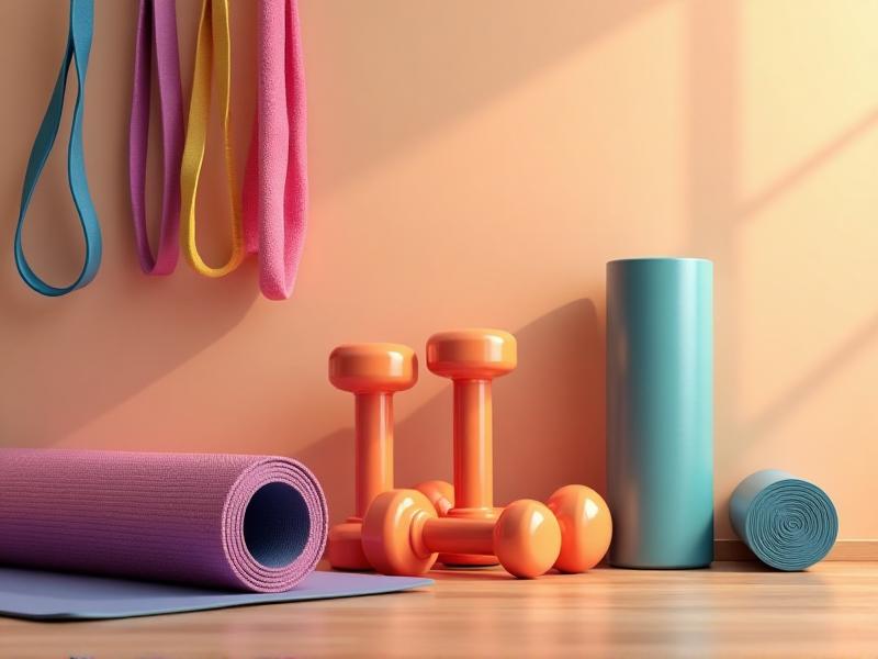 A neatly arranged selection of home gym equipment including dumbbells, resistance bands, a yoga mat, and a foam roller placed on a wooden floor, emphasizing organization and accessibility.