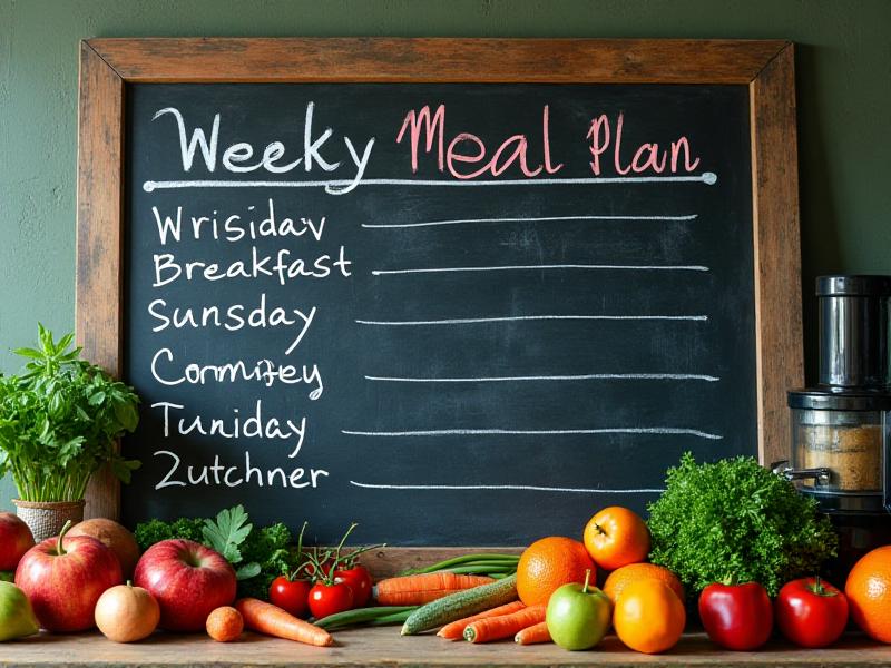 A neatly organized weekly meal plan on a chalkboard, with colorful markers highlighting different meals for each day. The board is surrounded by fresh ingredients like fruits, vegetables, and herbs, creating a visually appealing and practical representation of meal planning for home fitness.