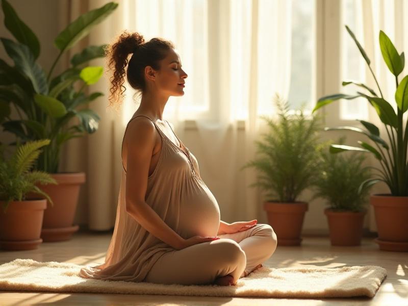 A pregnant woman practicing yoga on a soft mat in a sunlit room, surrounded by indoor plants. She is in a gentle seated pose, focusing on her breathing, exuding peace and mindfulness.