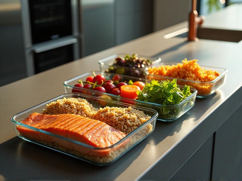 A well-organized kitchen counter with several glass containers filled with prepped meals, including grilled salmon, brown rice, roasted vegetables, and mixed greens. The image has a clean, minimalist style with natural lighting, highlighting the efficiency and convenience of meal prepping for a home fitness nutrition plan.