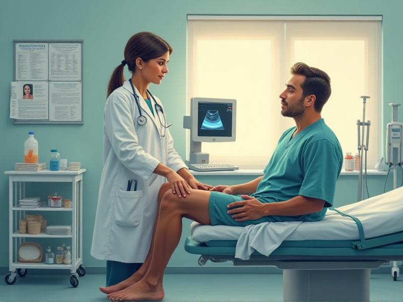 A healthcare professional examining a patient’s knee injury in a well-lit clinic, with medical charts and equipment in the background, conveying a sense of care and expertise.