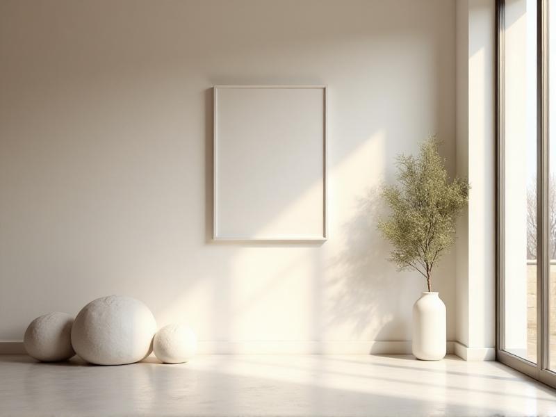 A minimalist home workout corner with a yoga mat, dumbbells, and a small potted plant, illuminated by soft natural light, creating a peaceful and focused environment.