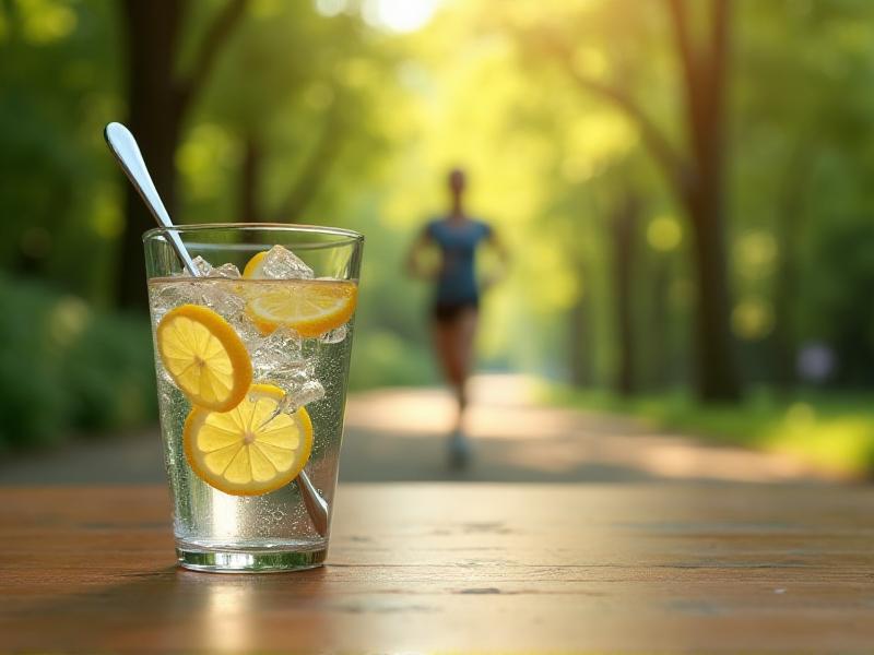 A glass of water with lemon slices and ice cubes on a wooden table, with a blurred background of a person jogging in a park, emphasizing the importance of hydration for fitness.