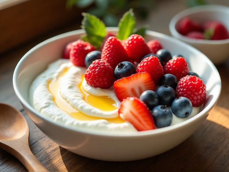 A close-up of a bowl of Greek yogurt topped with fresh berries and a drizzle of honey, placed on a rustic kitchen counter with a wooden spoon and natural light highlighting the textures and colors.