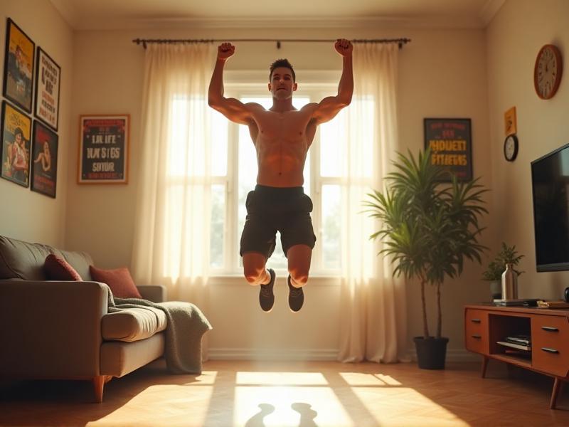 A person performing a high-intensity interval training (HIIT) workout at home, jumping energetically with arms raised. The room is brightly lit, with motivational posters on the walls and a water bottle nearby.