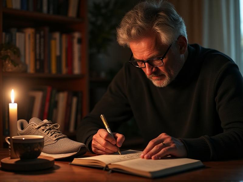 A mature individual writing fitness goals in a notebook, with a cup of tea and a pair of running shoes nearby, creating a motivational and organized atmosphere in a cozy home environment.