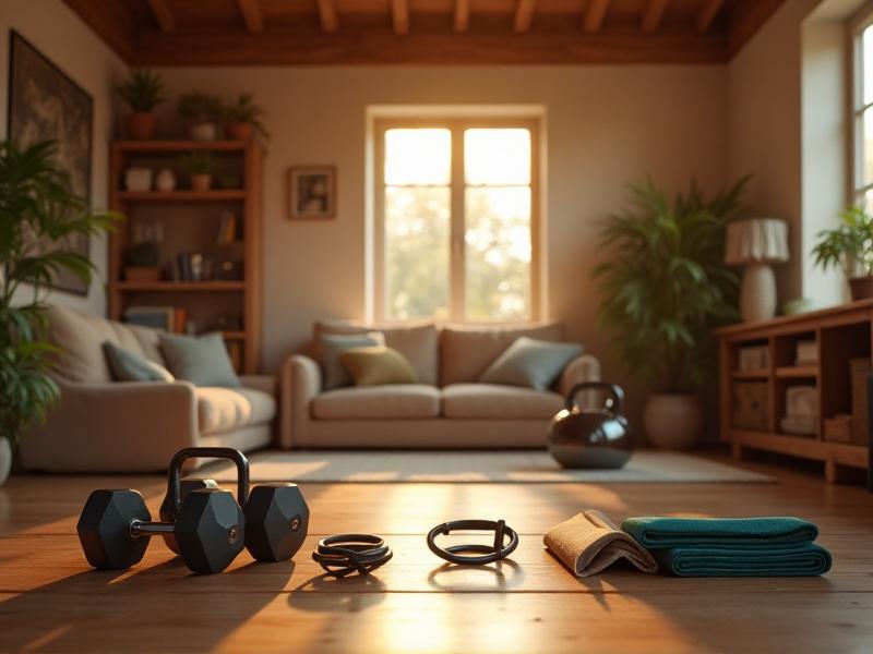 A variety of home fitness equipment arranged neatly on a wooden floor, including dumbbells, resistance bands, a yoga mat, and a kettlebell. The setting is a cozy living room with natural light streaming through large windows, creating a warm and inviting atmosphere for exercise.