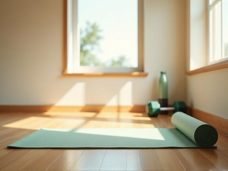 A minimalist home workout area with a yoga mat, a set of dumbbells, and a water bottle on a wooden floor. The space is near a large window with sunlight streaming in, creating a bright and energizing atmosphere.