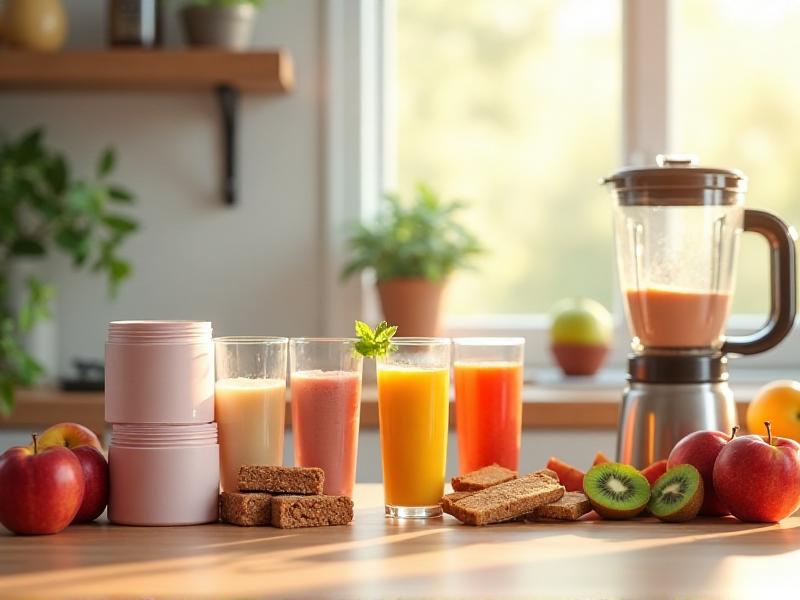 A close-up of various protein supplements in different forms, including powder, shakes, and bars, arranged neatly on a kitchen counter. The background features a blender and fresh fruits, emphasizing a healthy and balanced approach to nutrition.