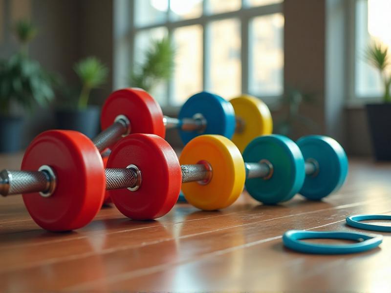 A set of colorful dumbbells and resistance bands arranged neatly on a wooden floor, with soft natural light highlighting their textures and designs.