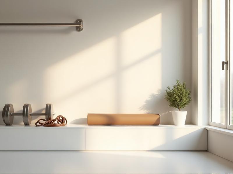 A neatly organized collection of minimalist home gym essentials, including adjustable dumbbells, resistance bands, a yoga mat, and a pull-up bar, arranged on a clean white shelf with natural light highlighting each item.