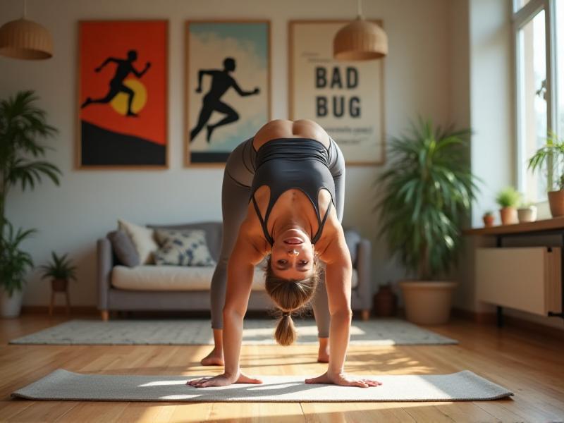 A woman in a home gym, performing a challenging yoga pose on a mat. The room is bright and airy, with motivational posters on the walls. Her expression is determined, reflecting her commitment to breaking through her fitness plateau.