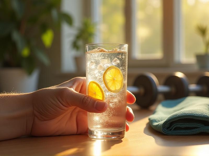 A close-up of a hand holding a glass of water with ice cubes and lemon slices, placed on a wooden table beside a water bottle and a towel. The background is a sunny home gym with dumbbells and a yoga mat, symbolizing the connection between hydration and fitness.