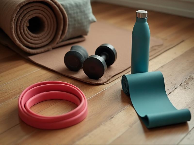 A collection of home workout essentials including resistance bands, dumbbells, a yoga mat, and a water bottle arranged neatly on a wooden floor. The setup is practical and inviting, with warm lighting highlighting the versatility of the equipment.