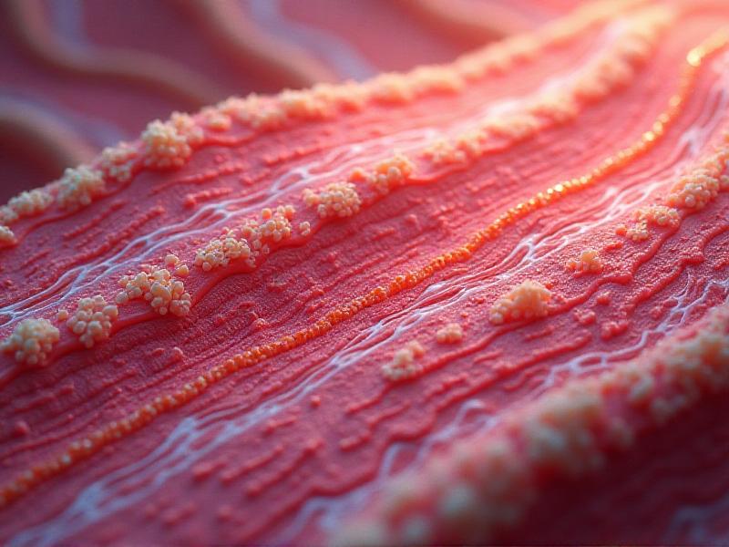 A detailed diagram showing muscle fibers under a microscope, highlighting the process of muscle repair and growth with vibrant colors and labels.