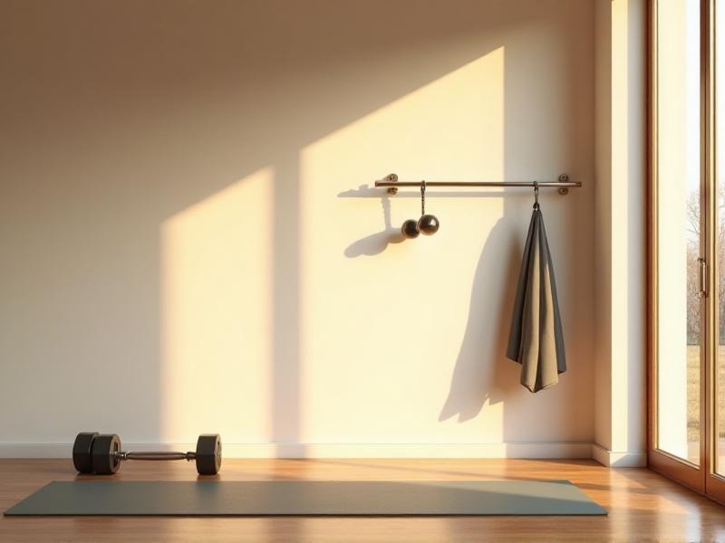 A beautifully designed minimalist home gym space with a yoga mat, dumbbells, and a pull-up bar arranged in a corner of a room with large windows letting in natural light, creating a serene and motivating workout environment.