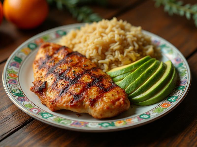 A colorful plate divided into sections with grilled chicken, brown rice, and avocado, representing a balanced meal rich in proteins, carbohydrates, and healthy fats.