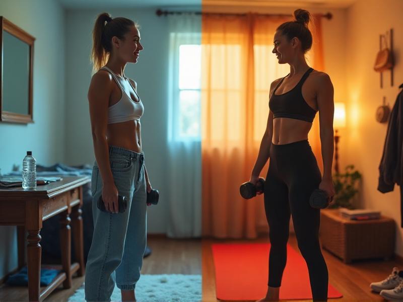 A before-and-after photo of a woman smiling confidently, holding a pair of dumbbells in a home gym. The left side shows her in casual clothes, looking tired, while the right side depicts her in workout attire, radiating energy and strength. The background features a neatly organized home fitness space with a yoga mat and water bottle.