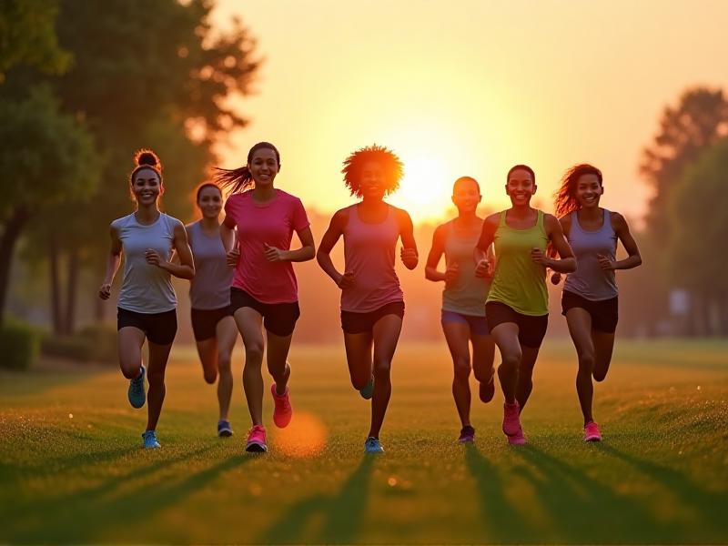 A diverse group of working parents jogging in a park during sunrise. The golden light highlights their determination and camaraderie, with lush greenery and a clear sky in the background. The scene conveys energy, positivity, and the joy of outdoor exercise.