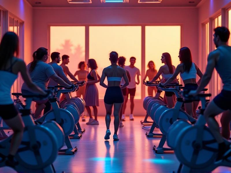 A diverse group of people smiling and engaging in various low-impact cardio exercises like cycling, rowing, and dancing in a bright, modern home gym.