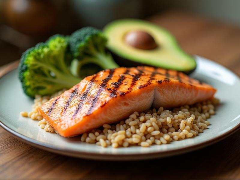 A balanced plate of food showcasing macronutrients: grilled salmon, brown rice, steamed broccoli, and a side of avocado. The image is vibrant and appetizing, highlighting the importance of incorporating all three macronutrients into a post-workout meal.