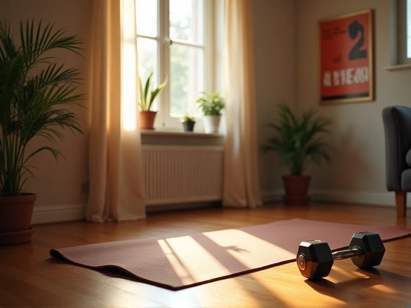 A small but functional home workout corner with a yoga mat, a set of dumbbells, and a motivational poster on the wall, illuminated by warm, natural light streaming through a nearby window.