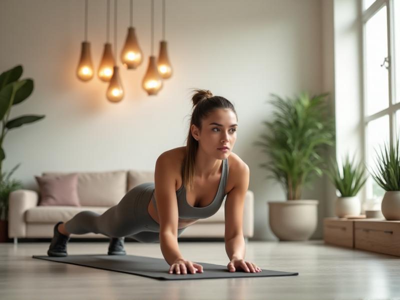 A person demonstrating a plank exercise on a yoga mat, with perfect form and a focused expression. The background features a minimalist living room with soft, natural lighting.