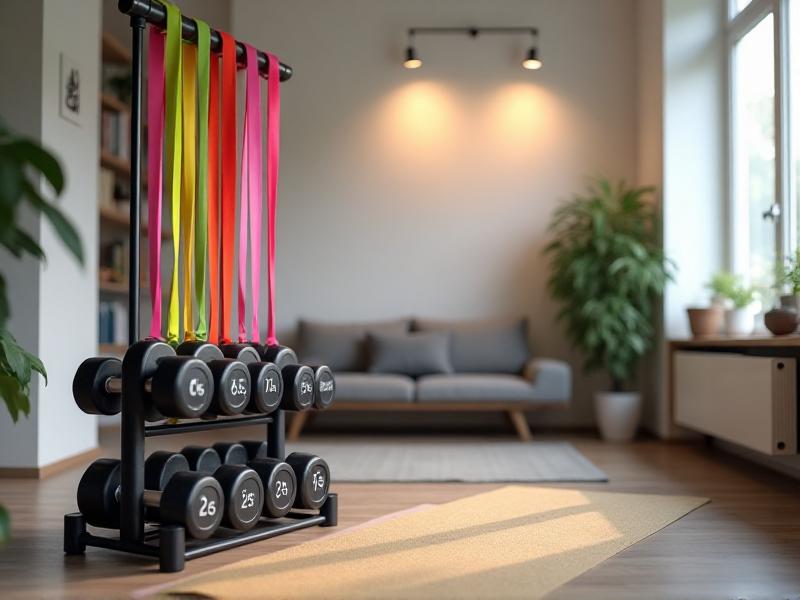 A neatly organized home gym corner with a rack of dumbbells, resistance bands, and a yoga mat, showcasing a minimalist yet functional setup for effective workouts.