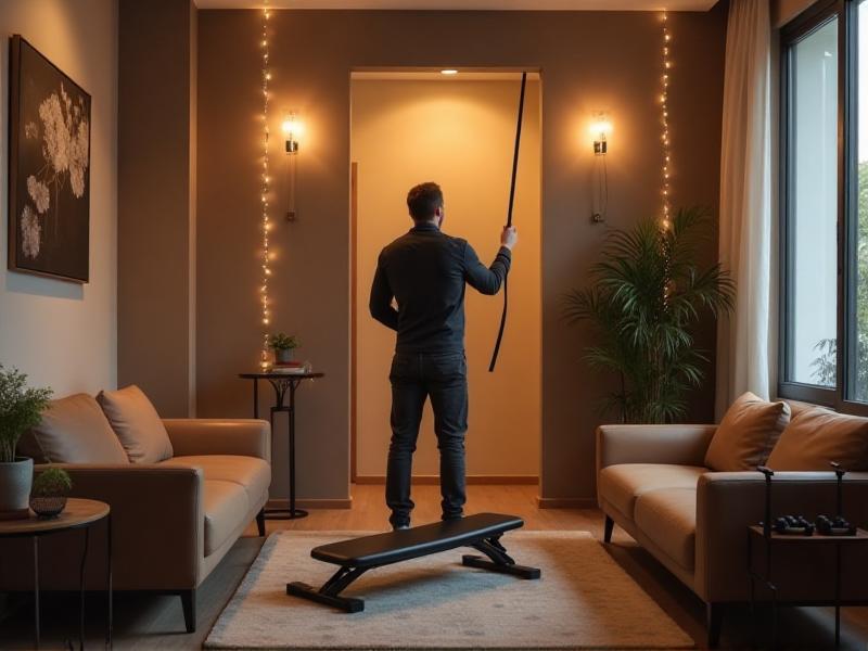 A person measuring a small corner of a living room with a tape measure, planning to set up a compact home gym with a foldable bench and adjustable dumbbells, surrounded by modern furniture and soft indoor lighting.