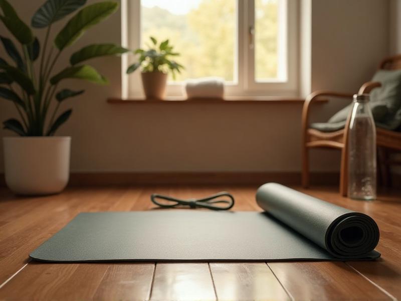 A neatly organized home gym corner with a yoga mat, resistance bands, and a small shelf holding a water bottle and towel, illuminated by soft overhead lighting, exuding a sense of calm and readiness.