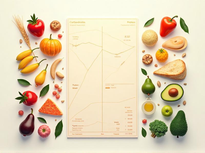 A colorful infographic illustrating the breakdown of macronutrients—carbohydrates, proteins, and fats—in a balanced diet for home fitness. The chart is set against a clean, modern background, with icons representing different food groups, making it easy to understand and visually appealing.