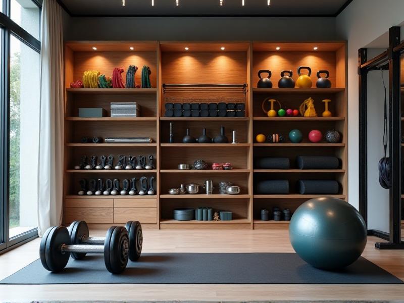 An organized collection of home workout equipment, including dumbbells, resistance bands, a yoga mat, and a stability ball, neatly arranged on a shelf in a modern home gym setting.