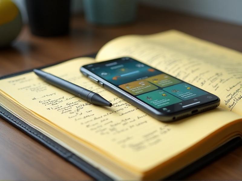 A close-up of a fitness journal with handwritten notes, a pen, and a smartphone displaying a workout app. The image highlights the tools and methods used to track progress and maintain consistency in a home fitness routine.