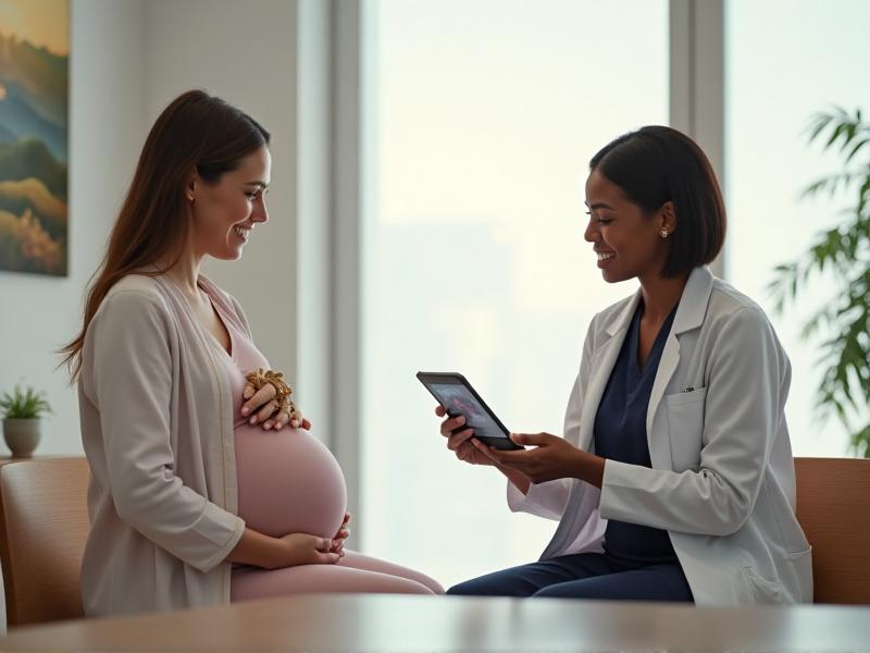 A pregnant woman having a consultation with her doctor in a bright, modern clinic. The doctor is explaining something on a tablet, while the woman listens attentively, holding her baby bump.