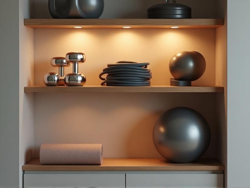 A neatly organized home gym setup with dumbbells, resistance bands, a yoga mat, and a stability ball arranged on a wooden shelf, with soft lighting and a clean, minimalist aesthetic.