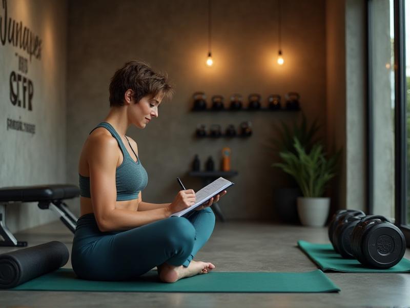 A fitness enthusiast tracking their progress in a journal while surrounded by home workout equipment like resistance bands, yoga mats, and kettlebells. The scene is set in a modern home gym with soft lighting and motivational quotes on the walls, highlighting the importance of consistency and planning in home fitness.