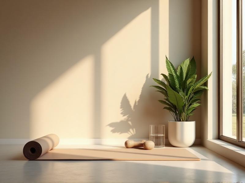 A minimalist home workout corner featuring a yoga mat, a set of dumbbells, and a small shelf with a plant and a water bottle. The space is clean and uncluttered, with soft natural light streaming in from a window, creating a serene and motivating atmosphere.