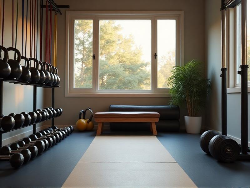 A collection of essential strength training equipment, including dumbbells, kettlebells, resistance bands, and a workout bench, arranged neatly on a rubber mat in a home gym.