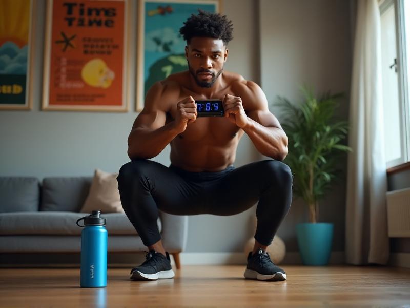 A person performing a high-intensity jump squat exercise in a home gym with a timer and water bottle nearby.