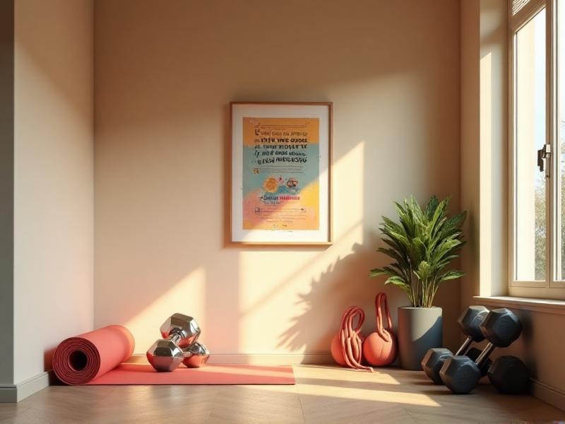 A well-organized home gym corner with a yoga mat, dumbbells, resistance bands, and a motivational poster on the wall. The space is bathed in natural light, creating an inviting and energizing atmosphere for workouts.