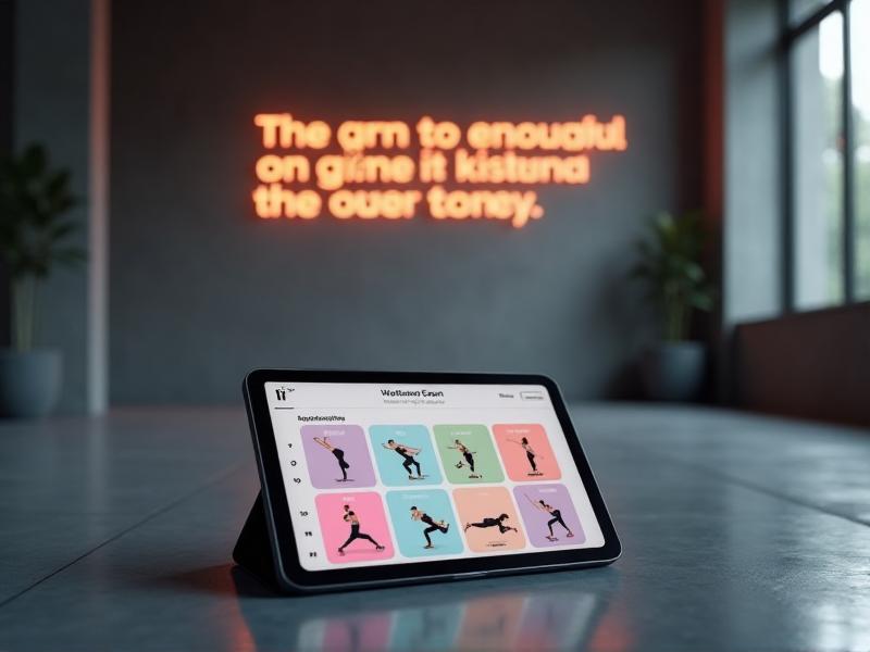 A diverse workout plan displayed on a tablet, featuring exercises like squats, lunges, and planks, with a motivational quote in the background to inspire consistency.