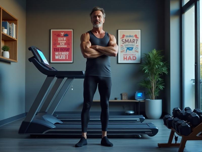 A well-organized home gym featuring a smart treadmill, a rowing machine, and a set of adjustable dumbbells. The walls are adorned with motivational posters, and a smart speaker sits on a shelf, ready to play workout playlists.