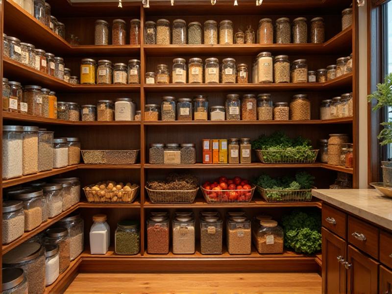 A well-organized kitchen pantry filled with meal prep essentials like whole grains, canned goods, spices, and fresh produce. The shelves are neatly arranged, showcasing the tools and ingredients needed for efficient meal preparation.