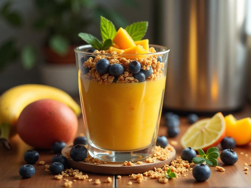 A colorful smoothie bowl topped with granola, sliced bananas, and blueberries, placed on a countertop with a blender in the background. The scene is bright and inviting, showcasing a healthy and energizing pre-workout meal.