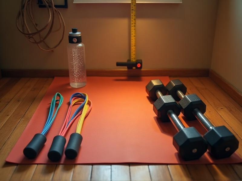 A neatly arranged collection of home HIIT workout essentials, including a yoga mat, resistance bands, dumbbells, a jump rope, and a water bottle. The items are placed on a wooden floor with soft lighting, creating an inviting and organized workout space.